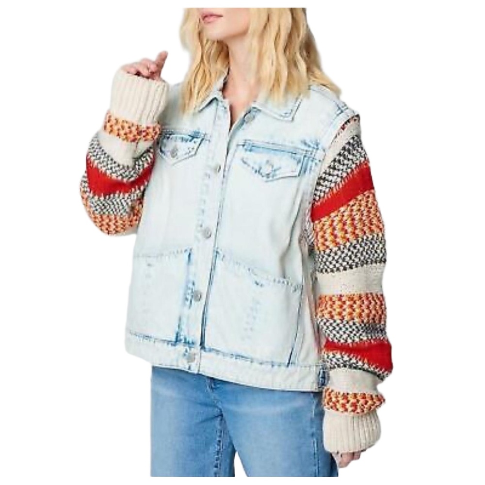 BLANKNYC Happy Promises Denim Jacket Striped Knit Patterned Sleeves Button Sz M